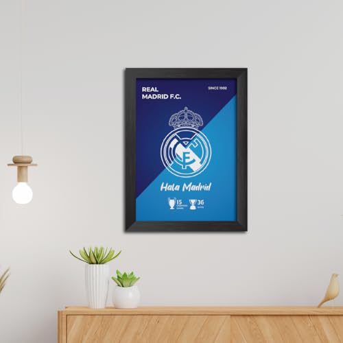 Image of TenorArts Real Madrid Football Club Poster White Logo Laminated Photo Frame Painting with Matt Finish Black Textures(12 inches x 9inches)