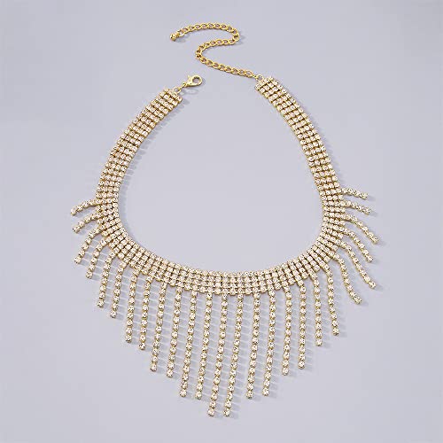 Ucilon Rhinestone Tassel Choker Necklace Tennis Chain Fringe Necklace Sparkle Crystal Bib Statement Necklaces For Women Girls Bling Prom Party Jewelry (Gold) #TOP4