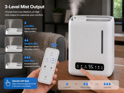 Image of BREEZOME Smart Ultrasonic Humidifier and Aroma Difuser, 4L Cool Mist Top Filling Humidifiers for Home & Bedroom, 360 Nozzle Auto Shut-Off with Timer,LED Display, Remote Control (White, 4 liter)