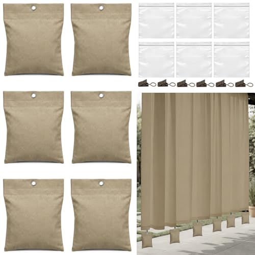 Relaxweex 6 Pack Curtain Weights 16oz Outdoor Curtain Weighted Bag Drapery Weighted Bottom Gazebo Weights Sandbag with Holder Clip for Drapes Cabana Gazebo Pergola Garden (Khaki)