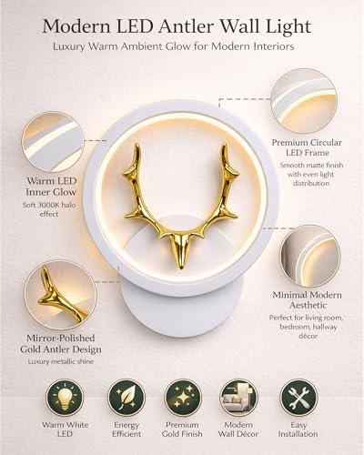 Image of Homesake LED Wall Lamp for Living Room Bedroom, Modern Golden Deer Decorative Wall Light, Warm White Indoor Designer Home Decor Light, Stag Face, Circular Frame, (White, Round)