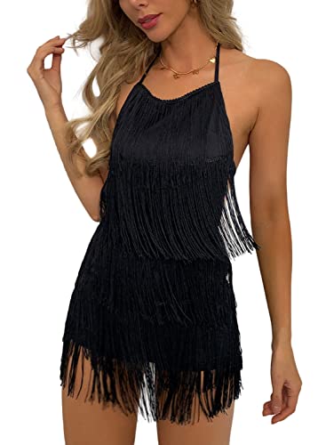 EVELUST 70er jahre Hippie Kleid mit Fransen - Damen Club Boho Pailletten...