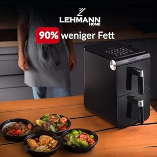 LEHMANN XXL Heißluftfritteuse 2 Kammern 11L, Airfryer Doppelkammer mit 2 vertikale Schubladen, 13 Programme, 50–200°C, Touchdisplay, Antihaftbeschichtung, ölfrei Air Fryer für große Familie