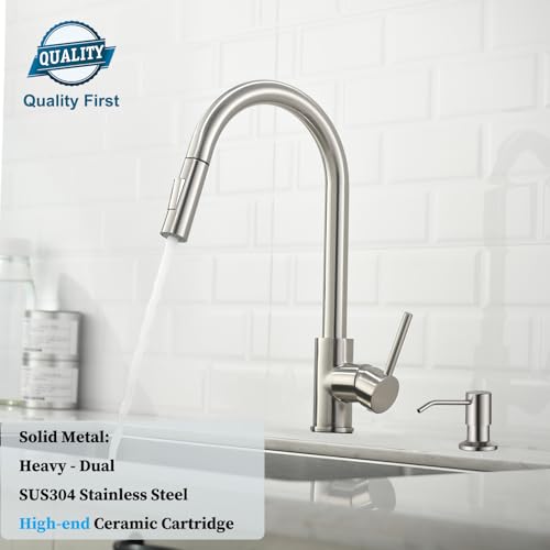 Image of Havin Brushed Nickel Kitchen Faucet with Pull Down Sprayer,High Arc Stainless Steel Material,cUPC Cartridge,with A Spare Sprayer and Soap Dispenser,fit for 1 or 2 Holes Sink