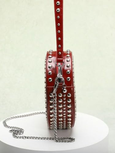 Womens Trendy Vegan Leather Shoulder Crossbody Bag Y2K Punk Rivet Tote Purse Small Handbags Round Chain Satchel3