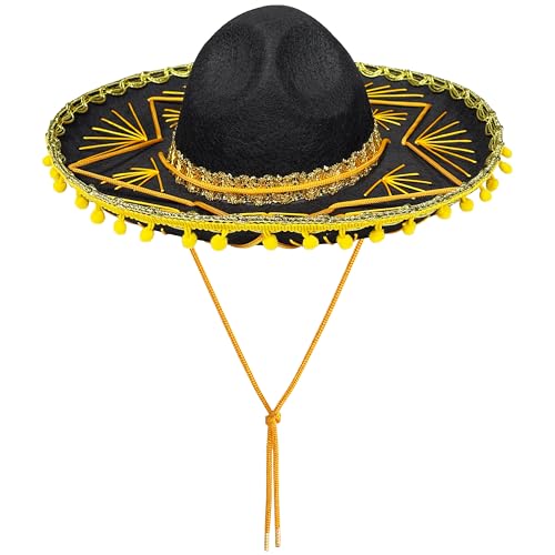 GiftExpress Kid Size Black Mariachi Sombrero Hat with Gold Trim Sombrero for Cinco de Mayo Halloween Costume Mexican Fiesta Costume