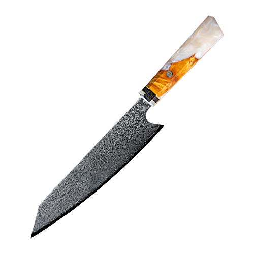 Damascus steel kitchen knife 8 inch Japanese chef kitchen knife stabilized wood resin cured wood octagonal handle, White, 34.5cm