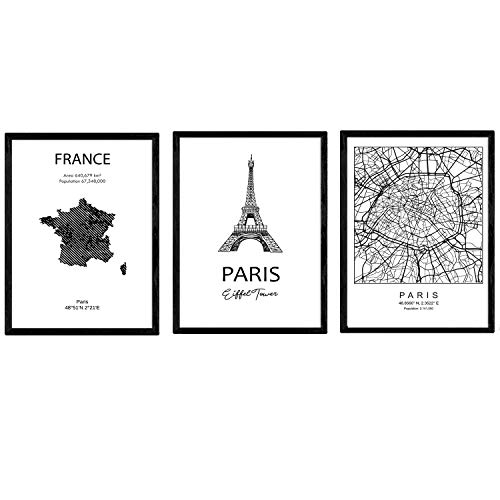 Nacnic Pack de posters de paises y monumentos. Mapa ciudad de paris, monumento torre Eifell y mapa Francia. Tamaño A4