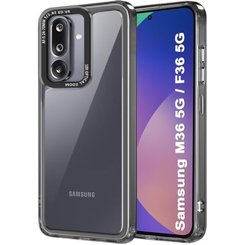 Image of TheGiftKart Hybrid Shockproof Back Cover Case for Samsung Galaxy M36 5G / F36 5G | Stylish Camera Border | Electroplated Buttons | Crystal Clear Hard Back Cover Case (TPU & PC, Smoked Bumper)