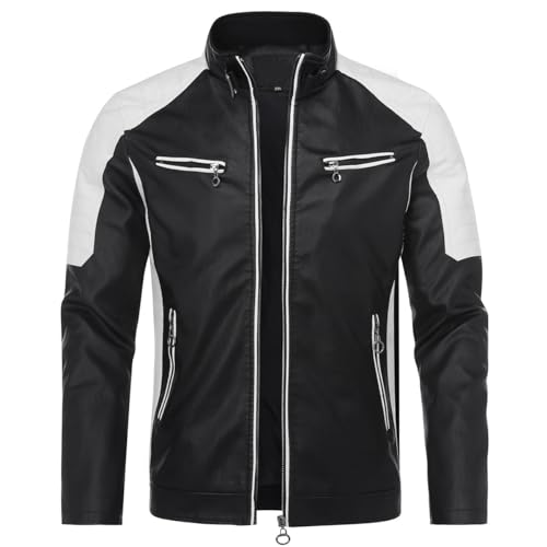 Image of Men's PU Faux Leather Jacket White Black Moto Bomber Fashion Slim Fit Coat