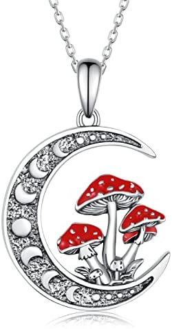 SVODEA Moon Mushroom Necklace for Women,925 Sterling Silver Magical Red Mushroom Pendant Moon Phase Necklaces,Anniversary Birthday Gifts for Girlfriend Teen Girls Mom,18''-20''