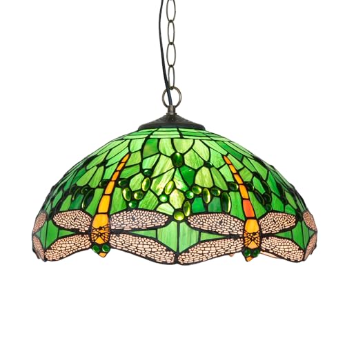 IDHBGJD Lámpara de Techo Estilo Tiffany de 16 Pulgadas con vidrieras de libélula Verde, lámpara Colgante, decoración Vintage, lámpara para Cocina, Isla, Comedor, Sala de Estar, Dormitorio, Pasillo