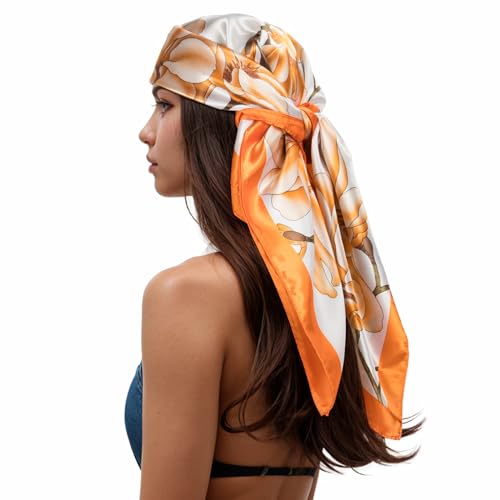 RIIQIICHY Head Scarf for Women Like Silk Scarf Hair Scarf Printed Square Scarf Bandanas for Women 35 Inches Orange/Brown/Ivory