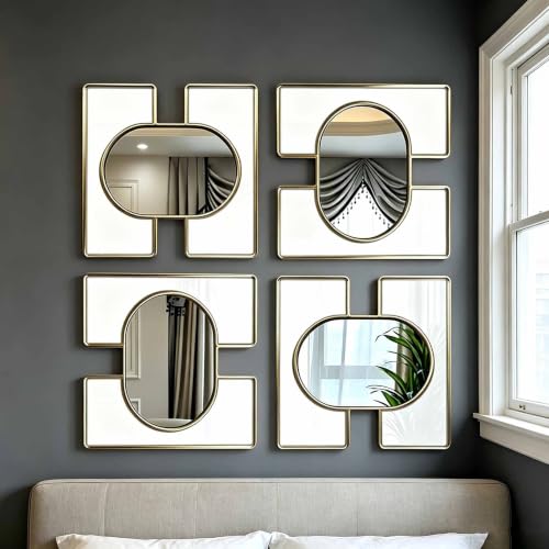 Asiwnshw Juego de 4 Espejos Decorativos de Pared combinables; Espejos de diseño Abstracto e Irregular, Aptos para Colgar en Vertical u Horizontal