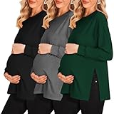Ekouaer Women 3 Pack Shirts Maternity Clothes Side Ruched Pregnancy Blouse T Shirt Pregnant Tops Moms Shirt Black/Dark Grey/Green XXL