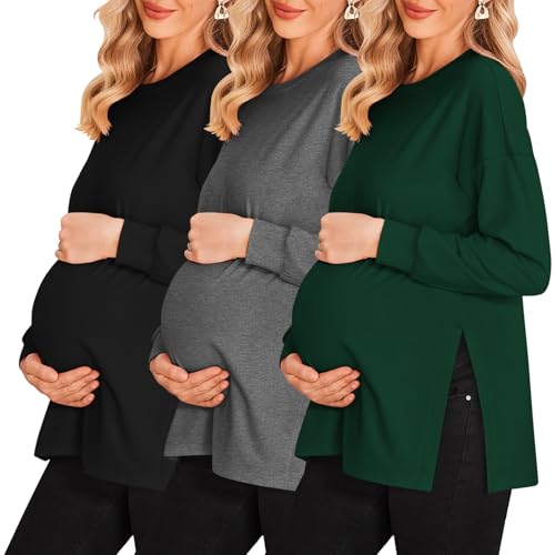 Ekouaer Women 3 Pack Shirts Maternity Clothes Side Ruched Pregnancy Blouse T Shirt Pregnant Tops Moms Shirt Black/Dark Grey/Green XXL