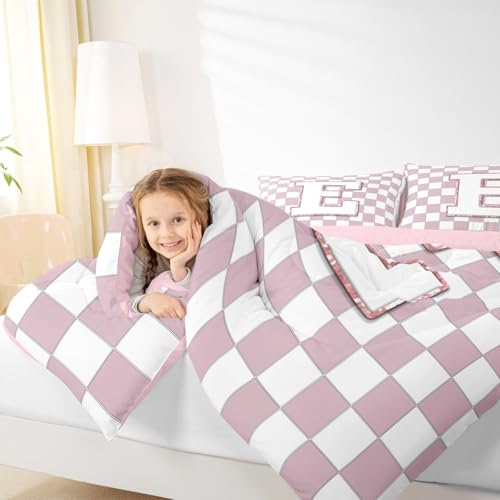 Image of Erosebridal Pink Initial E Comforter Set Queen Kawaii Plaid Checkered Bedding Set Cute Personalized Monogram Comforter for Kids Girls Teen Women,Fashion Grids Gingham Quilt Duvet