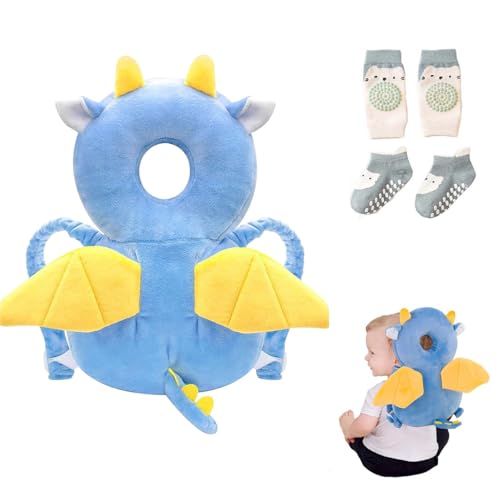 Bambebe Protezione Testa per Neonato Morbido Cuscino Anticaduta Bambino Proteggi Testa Bambini Regolabile Zaino Salva Testa Neonati Caschetto Primi Passi Zainetto Anticaduta Bambini(Drago)
