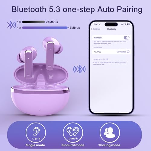 Wireless-Earbuds-True-Wireless-Bluetooth-53-Earbuds-with-Charging-Case-Stereo-Bluetooth-Headphones-with-Microphone-for-iPhone-Android-Smart-Cellphones-Purple