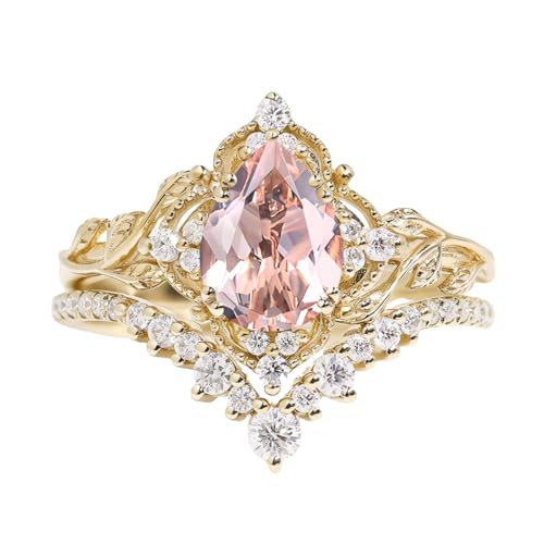 Pear Cut Gemstone Engagement Ring Set - Vintage 2pcs V Shaped Promise Ring in 10K, 14K, 18K White & Yellow Rose Gold2