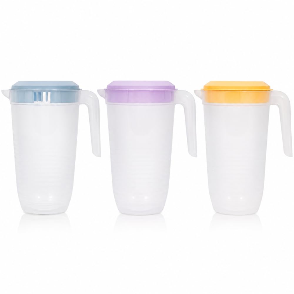 eMKay® Pack of 3 Drinking Pitchers Jug Freezer Dishwasher Safe | 2.25L BPA Free Reusable Plastic Transparent Pitchers Water Juice Jug with Pastel Colour Lid, Handle & Pour Spout | Orange Purple Blue