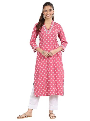 Image of Libas Blue Printed Cotton Straight Kurta for Women Suit