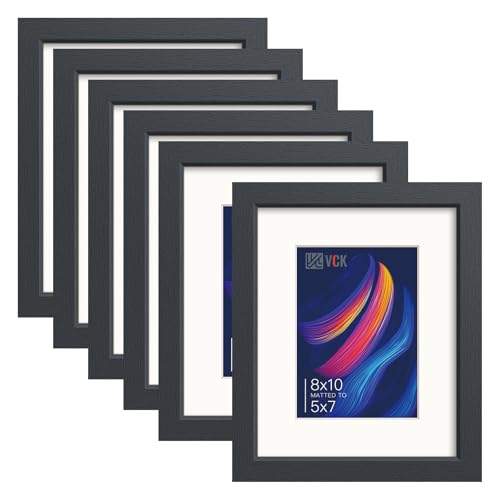 Image of VCK 8x10 Picture Frame Set of 6, Black Wood, 5x7 Mat, Glass, for Artwork