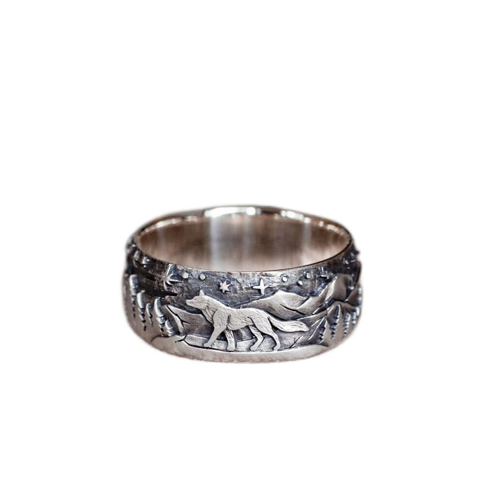 SUKKCCNO S925 Vintage Silver Couple's Loyal Wolf Totem Ring Simple Fashion Wedding Engagement Ring for Men and Women
