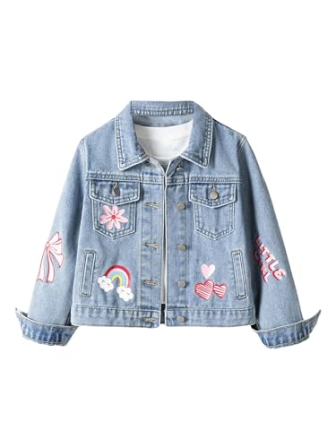 MakeMeChic Girl's Bow Floral Heart Denim Jacket Long Sleeve Button Down Y2K Jean Coats
