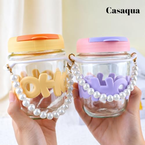 Image of Glass Tumbler with Lid & Straw - 350ml, Set of 1, Pearl Handle, Leakproof Drinking Cup, Silicone Sleeve, Reusable Iced Coffee Cup for Water, Juice, Milk, Bubble Tea & Gifts
