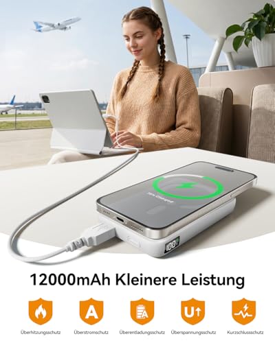 Powerbank für Magsafe, 12000mAh Kabelloses Power Bank mit 22.5W PD USB-A Ausgabe, Magnetische Externe Handyakkus mit LED-Anzeige, Typ-C Eingang & Ausgang für iPhone 17/16/15/14/13/12/Pro/Pro Max 6