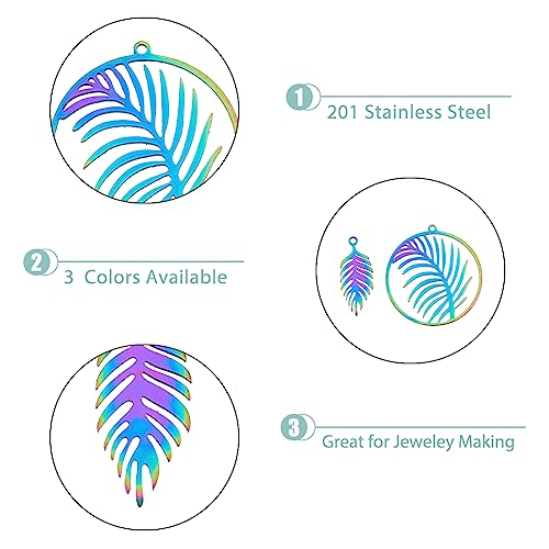 DICOSMETIC 12Pcs 3 Colors Palm Leaf Pendant Hawaii Palm Tree Charms Summer Theme Charms Tropical Laser Cut Pendant Ring with Leaf Charms Stainless Steel Pendant for Jewelry Making - Image 4