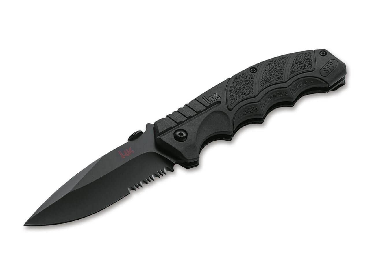 Heckler & Koch SFP Tactical Folder All Black Einhandmesser mit Gummirten Griff