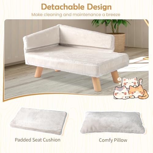 SOARS Hundesofa, Katzensofa mit Rückenlehne, Kissen & Holzbeinen, Hundecouch für kleine Hunde, Hundebett erhöht, Haustiersofa, 71 x 43 x 40 cm, Beige