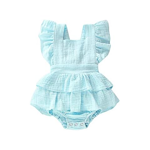 Douhoow Newborn Baby Girls Romper Ruffle Jumpsuit Bodysuit One-Piece Cotton Linen Outfits Clothes (Blue,6-12 Months) Cover