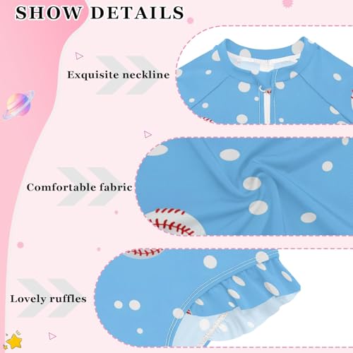 Girls One Piece Swimsuits Baseball White Dots Blue Pattern Beach Swimwear Long Sleeve Bathing Suit4