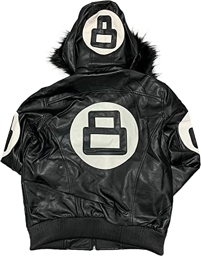 Buy & Catch Online Store Men's Fur Hood Sports Winter Leather Jacket 8 Ball 90's Retro Jacket