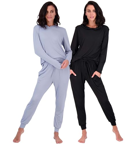 Real Essentials 2 Pack: Women’s Soft Long Sleeve Sleep Set – Comfortable Lounge Pull Over Hoodie and Henley Jogger