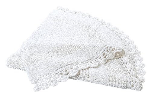 Half Circle Bohemian Bathroom Rug with Handwoven Chrochet Border, Beautifully Handcrafted 100% Cotton Mat - 22x42 inch, Round Boho Bedroom Rug, Boho Bathroom Décor, Machine Washable - White