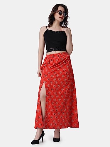 Image of POPWINGS Casual Ethnic Bagru Print Long Slit Skirts for Women || Cotton Long Slit Skirt for Women || Stylish Women Long Skirt for Summer