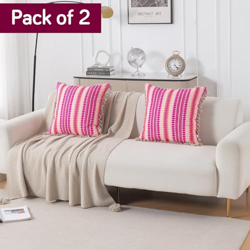 Image of HOKIPO 'Artisan Boho Series' Sofa Cushion Covers | 450 GSM Cotton Acrylic Jacquard | Tassel Design | 22x22 Inch (55x55 cm) | Pack of 2, Fucshia Pink (IN-906-A5*2)