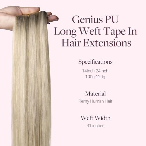 Image of GOO GOO Tape In Weft Hair Extensions Human Hair, Genius PU Long Weft Tape In Hair Extensions Real Human Hair, Silky Easy to Use, P17A /60A Ash Blonde Highlighted Platinum Blonde 24 inch 120g