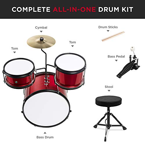 Best Choice Products Kids Drum Set 3-Piece Beginner Drum Set Junior Drum Set, W/Throne Stool, Cymbal, Drum Sticks, Bass Drum Pedal, 2 Toms - Red #TOP3