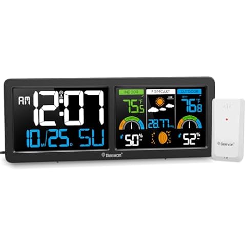 Geevon Weather Stations Wireless Indoor Outdoor Thermometer with Atomic Clock, HD Color Display Digital Temperature Humidity Monitor with Barometer, Comfort Indicator, and Adjustable Backlight Cover