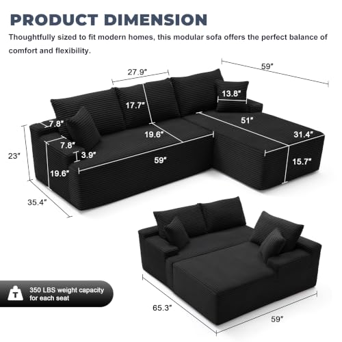 Image of Mangodan Cloud Sectional Sofa, Boneless Couch for Living Room, Modular Sectional Sofa with Deep Seat, Fluffy L-Shaped Comfy Couch with Right-Facing Chaise, No Assembly Required, Black