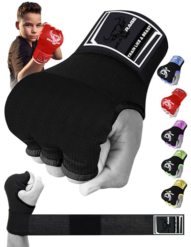Beast Rage Gants de Boxe en Gel MMA de 75 cm de Long, rembourrés, élastiques, pour Sac de Frappe, entraînement Muay Thai, Bandages UFC pour Hommes, Femmes et Enfants (Enfants Junior, Noir)