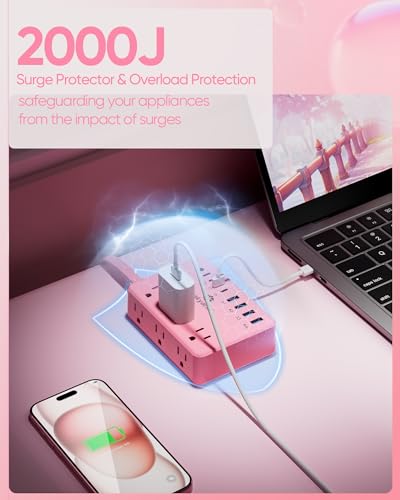 Image of Kakyanill Pink Power Strip, 6 AC Outlets 8 USB Ports(4 USB C) with 2000J Surge Protector, 5ft Flat Plug Pink Extension Cord, Compact for Desk Home, Office, Dorm