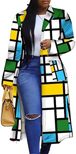 Women's Colored Geo Turn Down Collar Trench Coat Colorful Outerwear Cardigan Long Blazer Jacket(BE-L) Blue