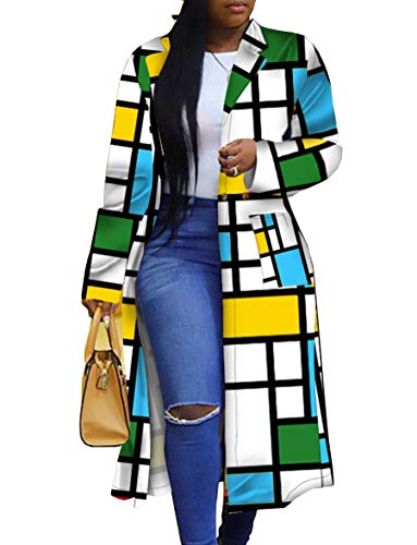 Women's Colored Geo Turn Down Collar Trench Coat Colorful Outerwear Cardigan Long Blazer Jacket(BE-L) Blue