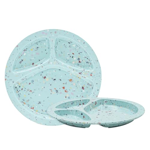 bzyoo 9-Inch Melamine Divided Plates – 3-Section Portion Control Plates, Food Safe & Durable, Lightweight & Unbreakable, Reusable Tableware for Kids, Big Kids & Everyday Meals, Confetti Green